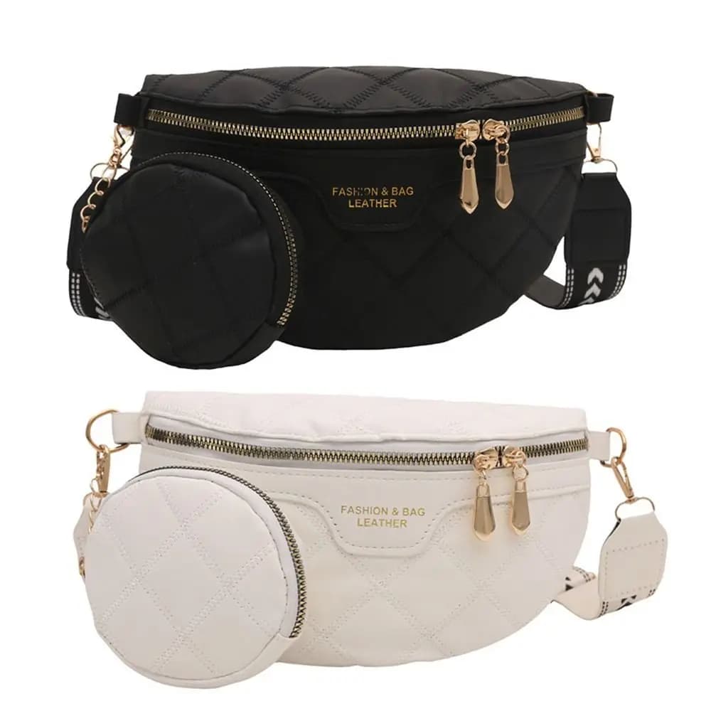 Elegant PU Leather Crossbody Chest Bag Stylish Chain Zipper Woven Lattice Pattern Fanny Pack Wide Strap Shoulder Bag For Women