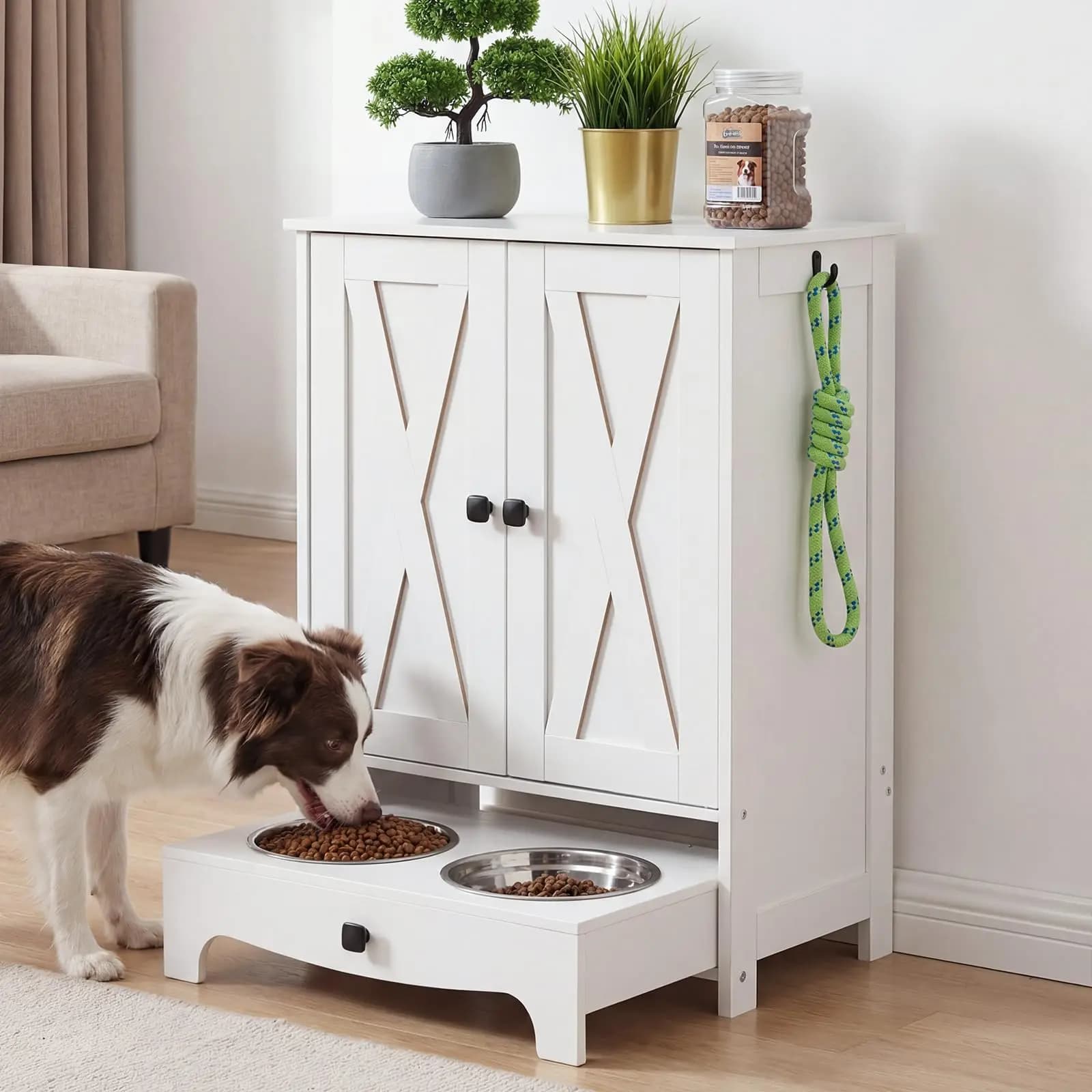 White Dog Feeding Station with Sliding Drawer, 2 Hidden Bowls, Storage Hooks – Pet Food Organizer for Dogs and Cats