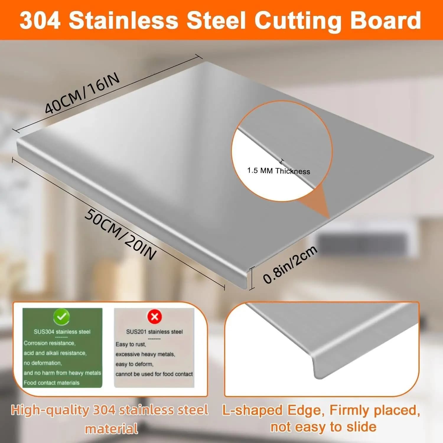 304 Stainless Steel Cutting Board Anti-Slip & Mildew-Proof! No More Moldy Wooden Boards | Heavy-Duty & Food-Safe, Easy to Clean