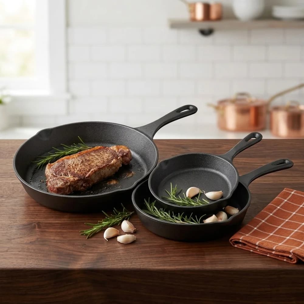 6, 8, and 10-inch 3 Piece Black Cast Iron Skillet Frying Pan Set with Handle, Pre-Seasoned