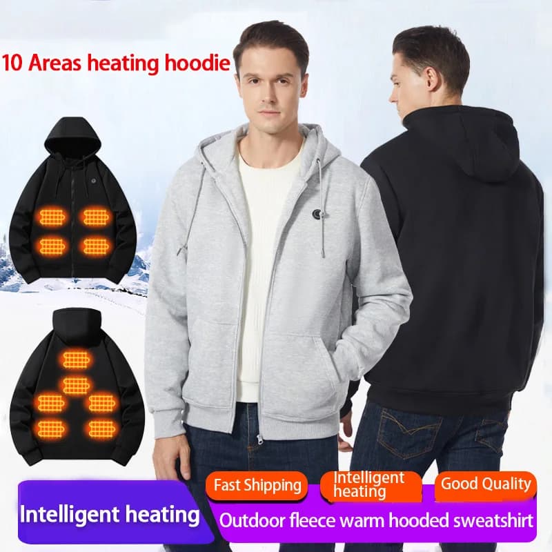 10 Areas Intelligent USB Heating Hoodie for Men Women Winter Smart Thermal Hooded Sweatshirt Couple Style Outdoor Sportswear