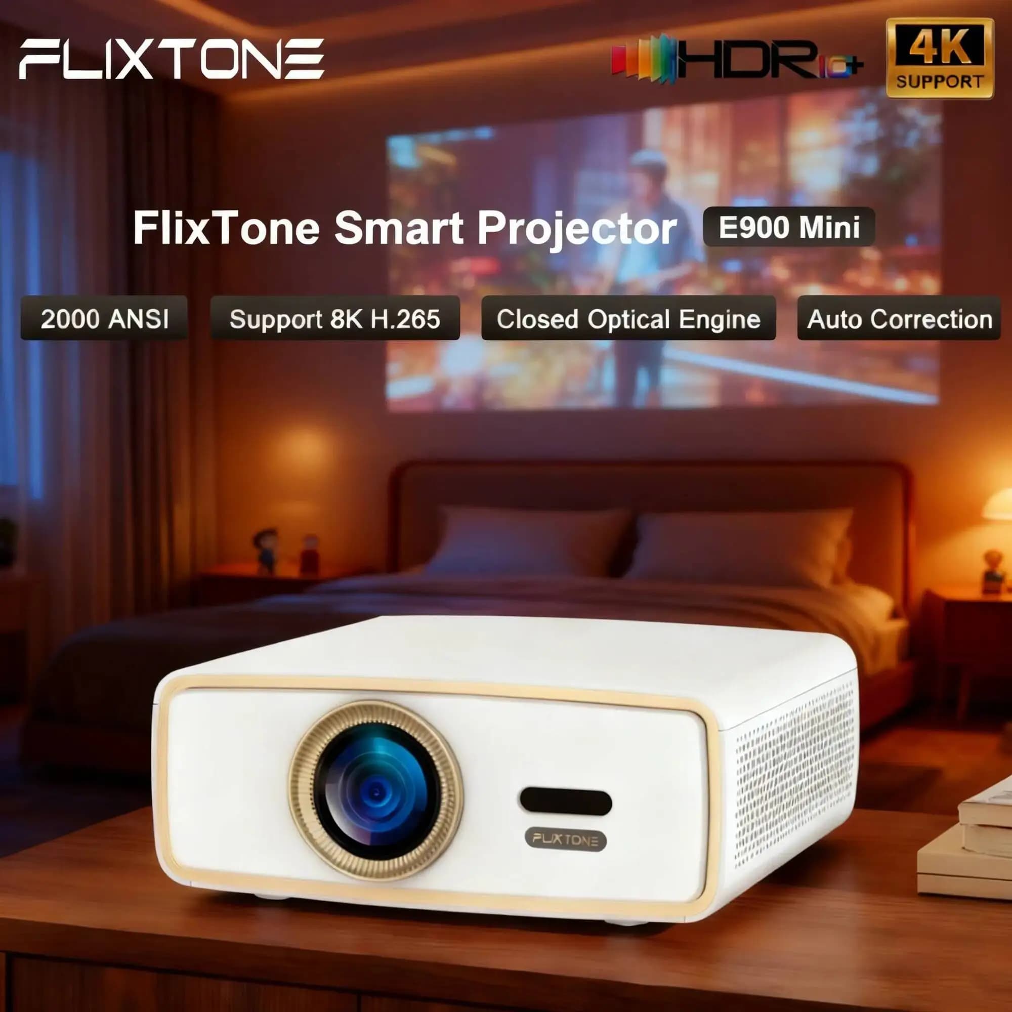 Il mini proiettore Touyinger Flixtone E900 supporta il decodifica 4K, HDR10, Wi-Fi, rendendolo ideale per home theater e campeggio all'aperto.
