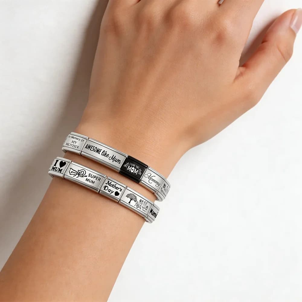Bracciale in Acciaio Inossidabile con Incisione Laser Color Argento, Charm per la Festa della Mamma, Regalo Sorpresa d'Amore, Perline Fai-da-Te