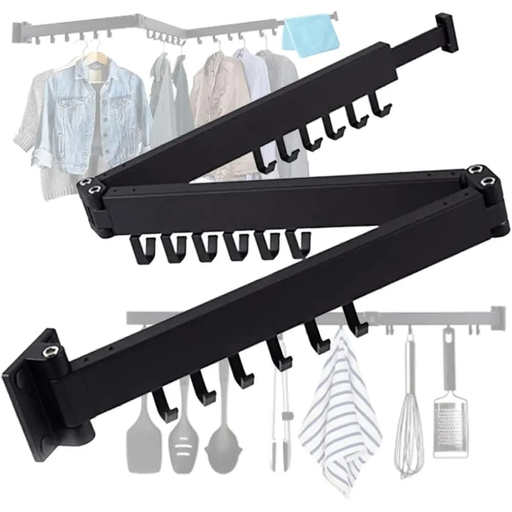 Retractable wall shelf for indoor/outside use - Black triple rod coat rack