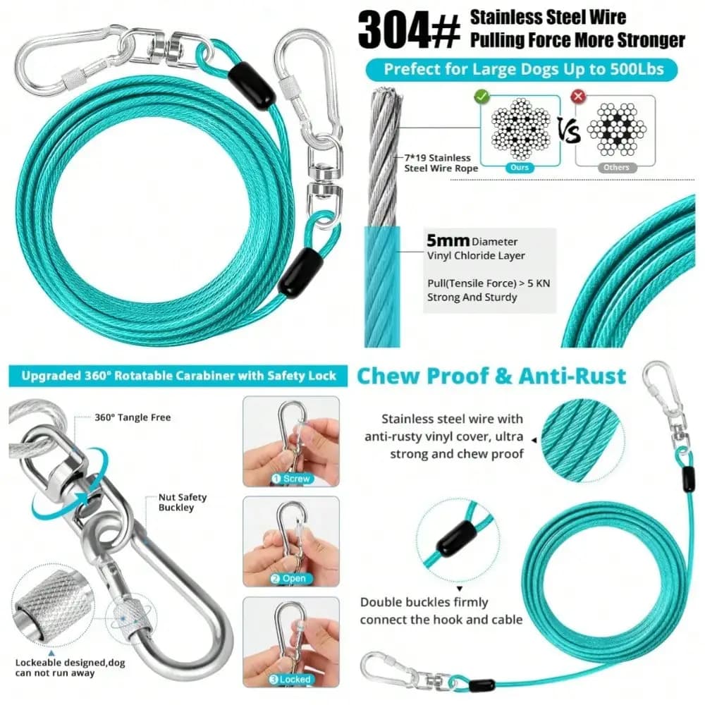 Dog Tie Out Cable: 10 Ft Dog Lead For Yard - Heavy Duty Chain Leash Outside For Small Large Dogs Up To 500 Lbs - Outdoor Dog Runner Tether