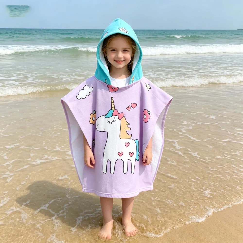 Accappatoio per Bambini ad Asciugatura Rapida con Cappuccio, Asciugamano da Spiaggia con Animali Cartoon, Poncho da Bagno in Microfibra Morbida e Assorbente