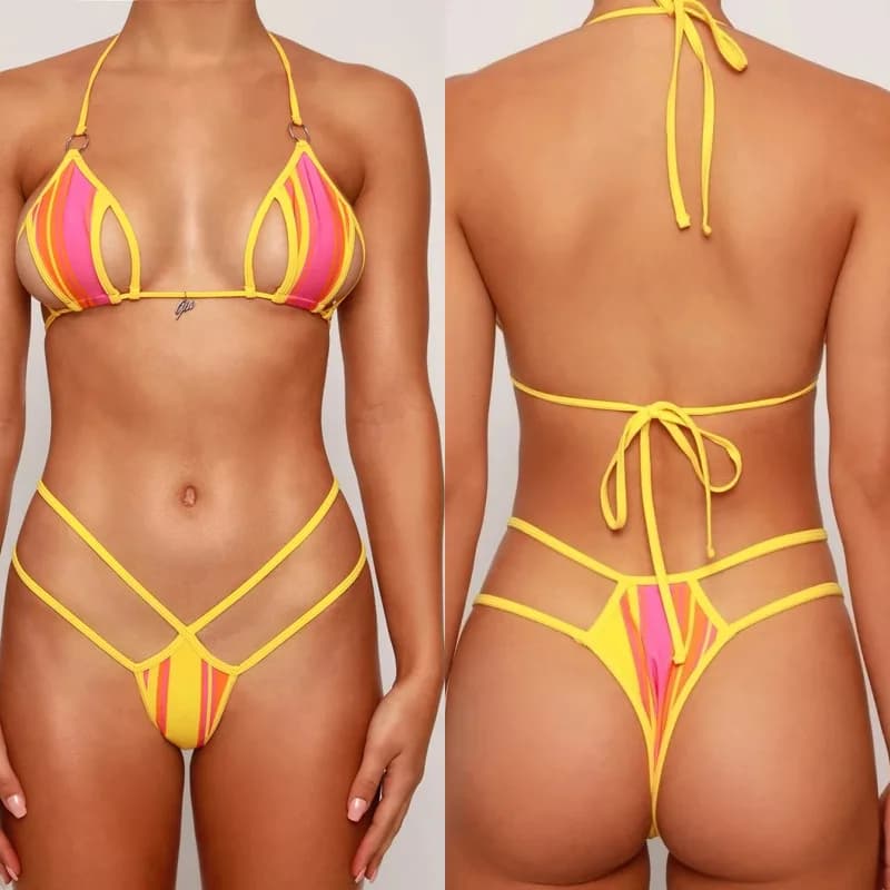 Nuovo Bikini da Donna con Lacci Laterali, Costume da Bagno Sexy Tinta Unita con Schiena Scoperta