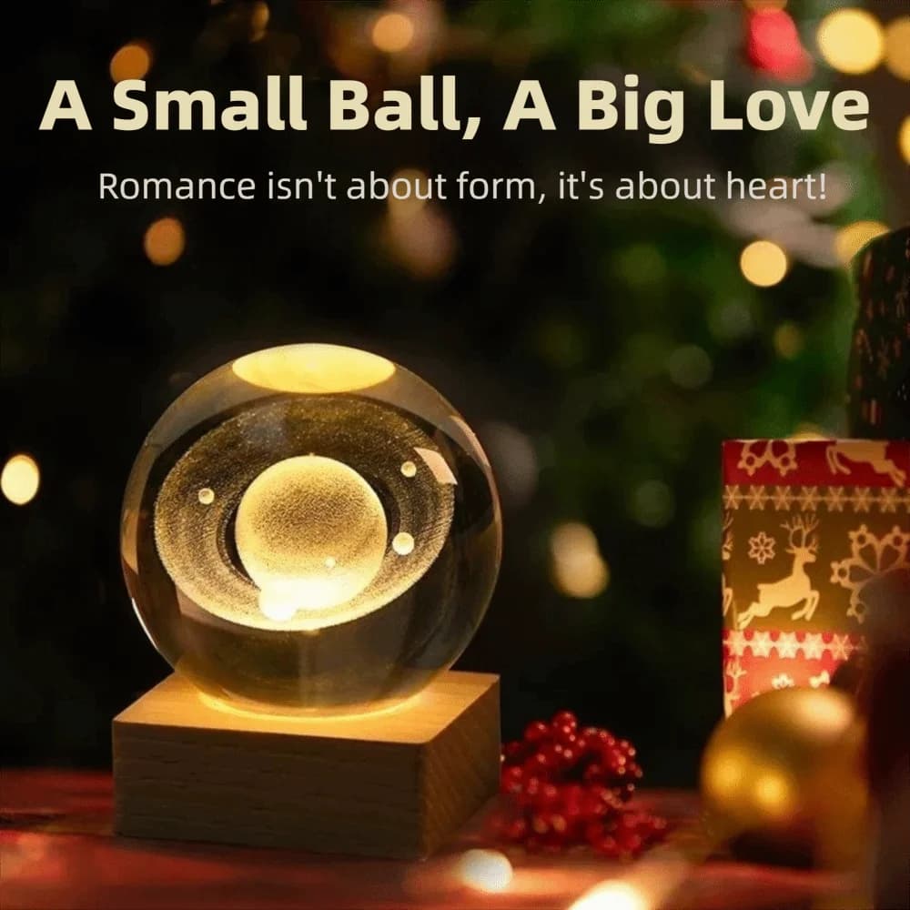 Sfera di Cristallo 3D con Sistema Solare Inciso al Laser, 6cm, con Supporto LED, Modello Galattico Unico, Decorazione e Luce Notturna