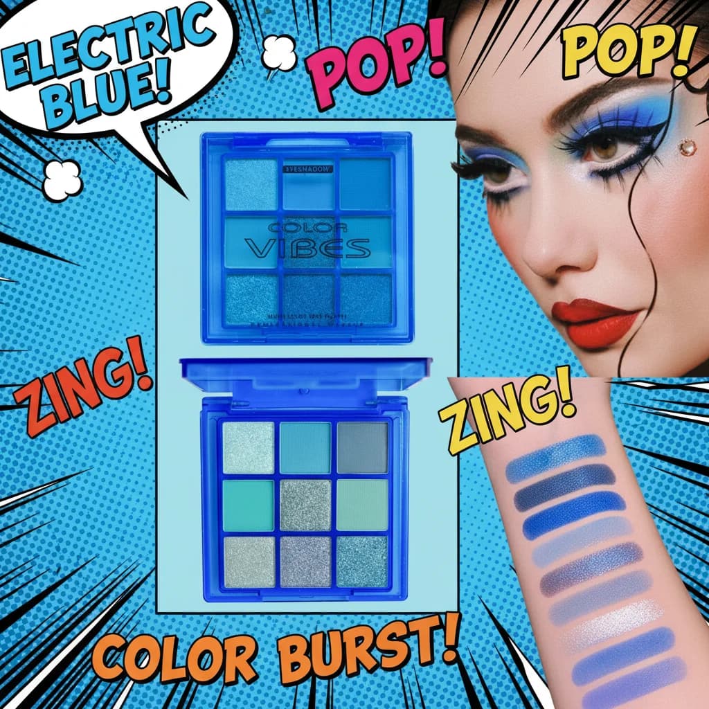 Palettes of glittered shades in 9 colors, avocado green, shimmer, perlescent, opaque, colored, colored shade palette, waterproof eye makeup