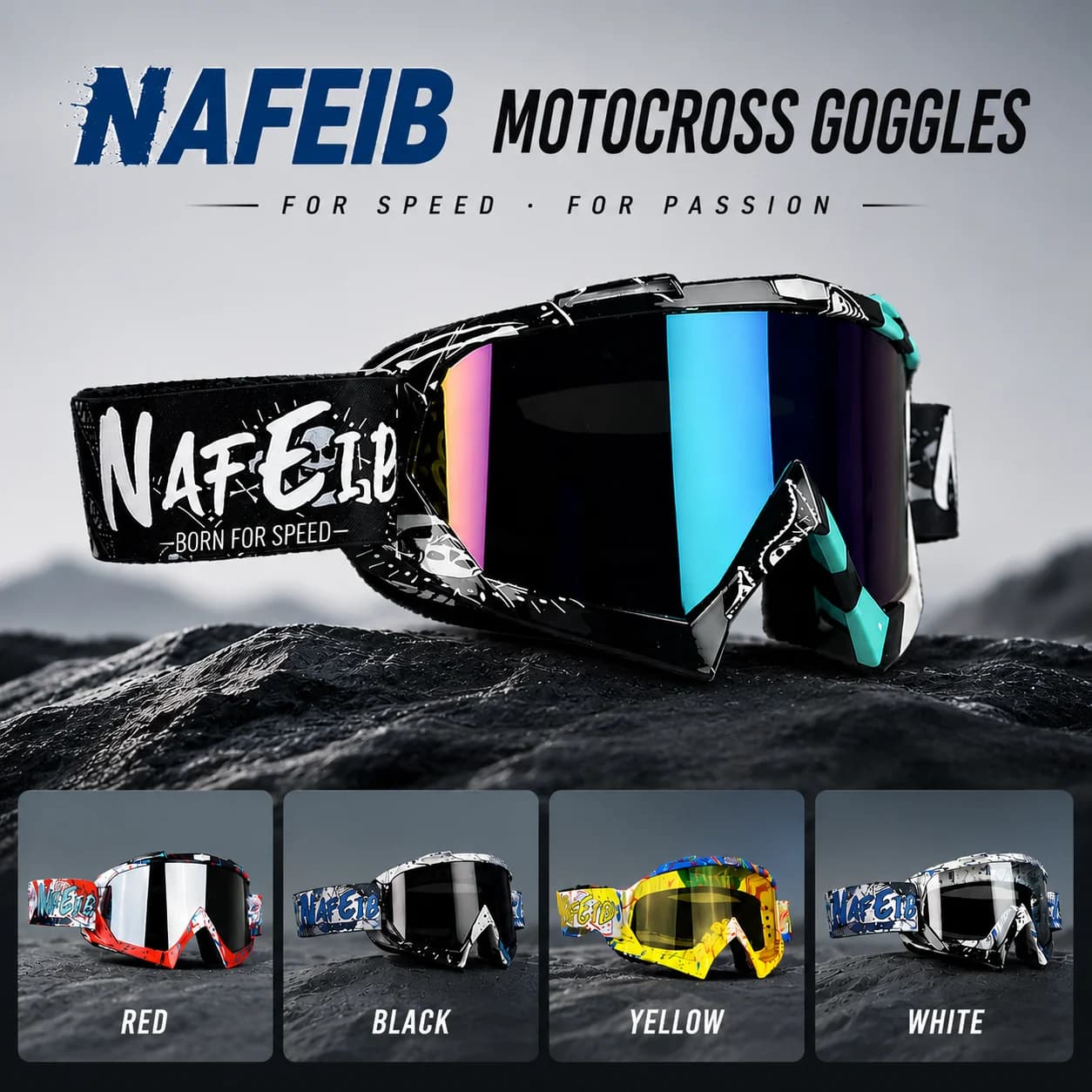 Occhiali da Moto e Sci NAFEIB Durevoli, Protezione UV400, Visione Chiara per Tutte le Condizioni Atmosferiche, Motocross, Fuoristrada, Sport Invernali