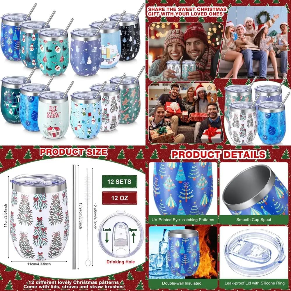 Set di bicchieri da vino natalizi in acciaio inossidabile da 12 - 12 once con cannucce e pennello, design di Babbo Natale e alce, regalo perfetto per le vacanze