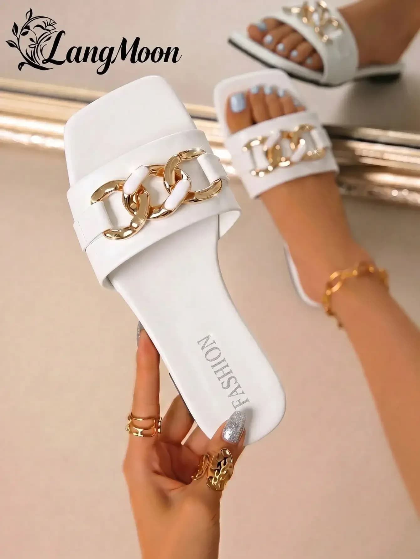 LangMoon 2026 New White Metal Chain Square Toe Flat Women's Fashion Slippers, Simple Solid White Upper + Luxurious Double Chain Rhinestone Decor, Soft Sole Non-Slip Durable Comfortable, Versatile Flattering Fit For Vacation, Commute, Shopping, Party, Spri