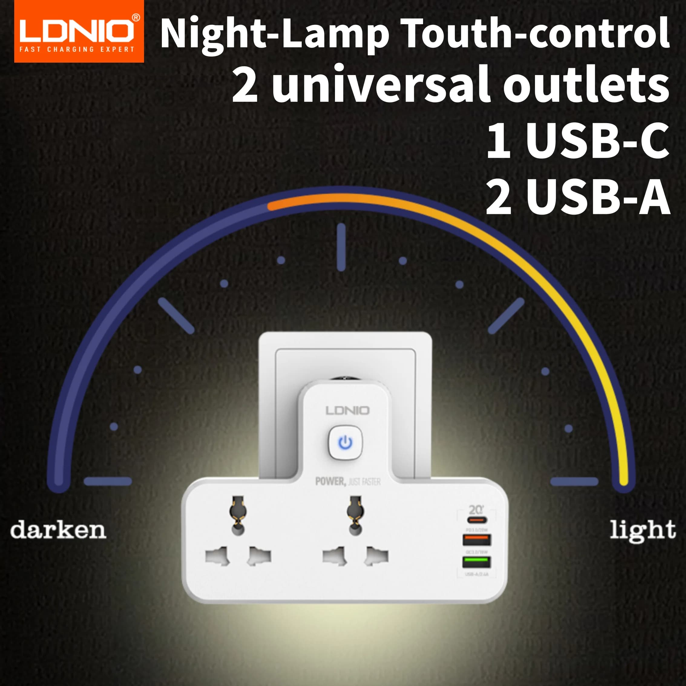 LDNIO Universal sockets Wall extension Power outlet Strip 20W PD QC USB port Fast charging Multi socket Night touch lamp