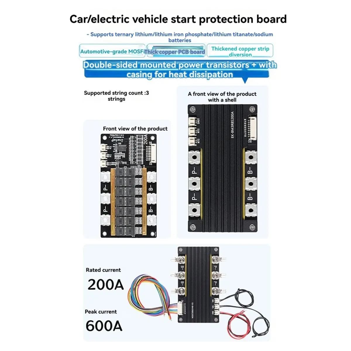 (ABDH) Scheda di Protezione Batteria al Litio 3S 200A con Bilanciamento e Protezione da Picco 600A
