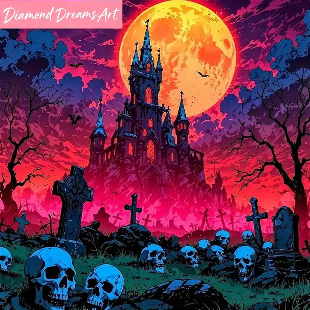 Diamantopittura Castello Luna Fai da Te Adatta per Principianti, Mosaico Diamantato Scheletro Casa Paesaggio, Regalo di Halloween, Senza Cornice