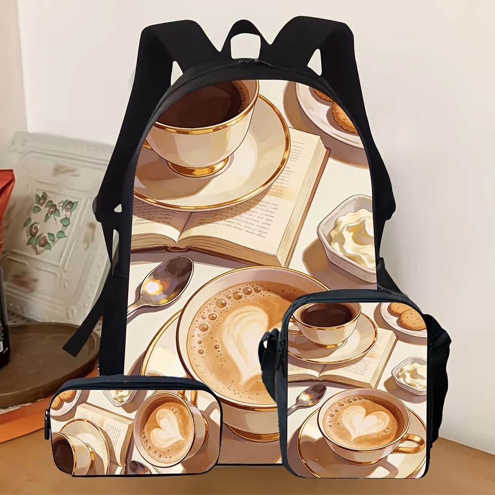 3pcs 2D Flat Casual Daily Fashion Backpack Set with Vintage Latte Coffee Afternoon Tea Print Includes Pencil Case And Small Cros