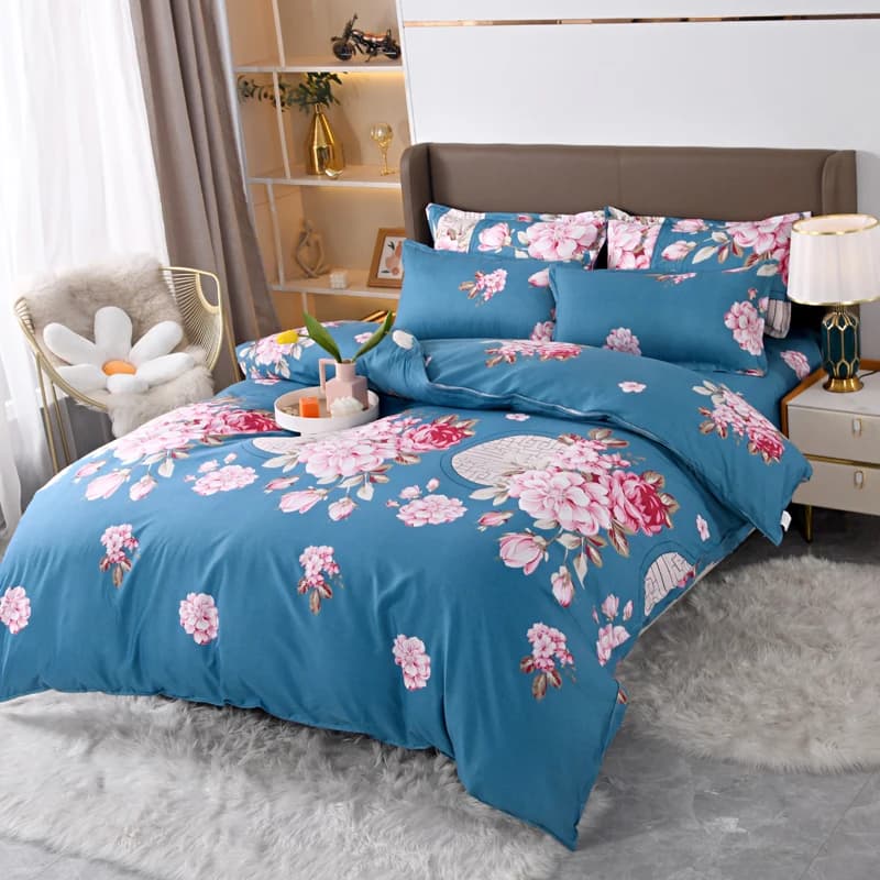 Set di biancheria da letto floreale con peonie blu, 4 pezzi, biancheria da letto morbida e traspirante con copripiumino, federe e lenzuolo, misura Full/Queen/King