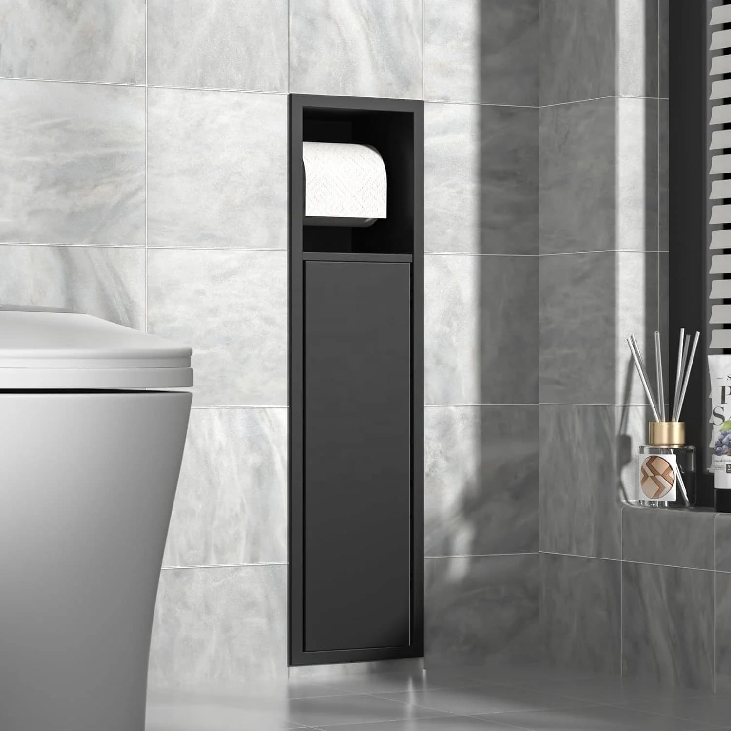 Portarotolo da parete 304 in acciaio inox con nicchia per scopino e armadietto bagno integrato