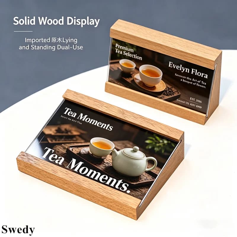 5 Pezzi Porta Cartelli in Legno e Acrilico 90x54mm, Espositore per Foto, Poster, Cornice per Foto, Porta Menu da Tavolo, Porta Etichette Prezzi, Porta Cartellini
