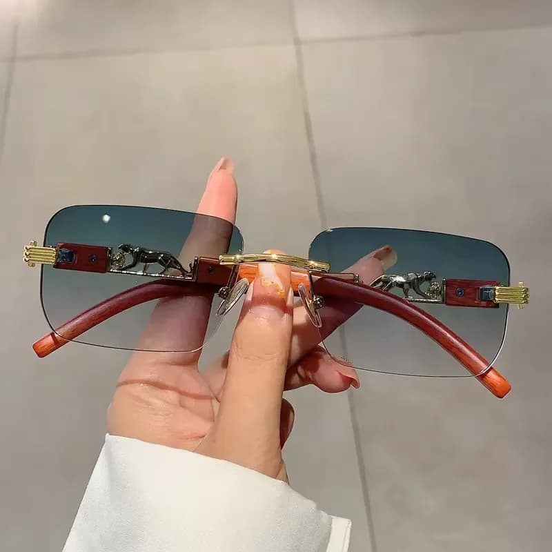 KAMMPT Rimless Vintage Men Sunglasses Stylish Rectangle Gradient Ocean Lenses Shades New Trendy Wooden Legs Brand Design