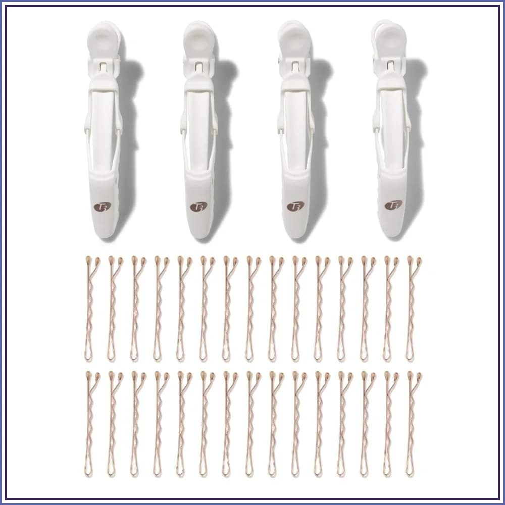 T3 Clip Kit with 4 Alligator Clips and 30 Rose Gold Bobby Pins for Sectioning Hair During Blow Drying and Styling, Suitable for All Hair Lengths