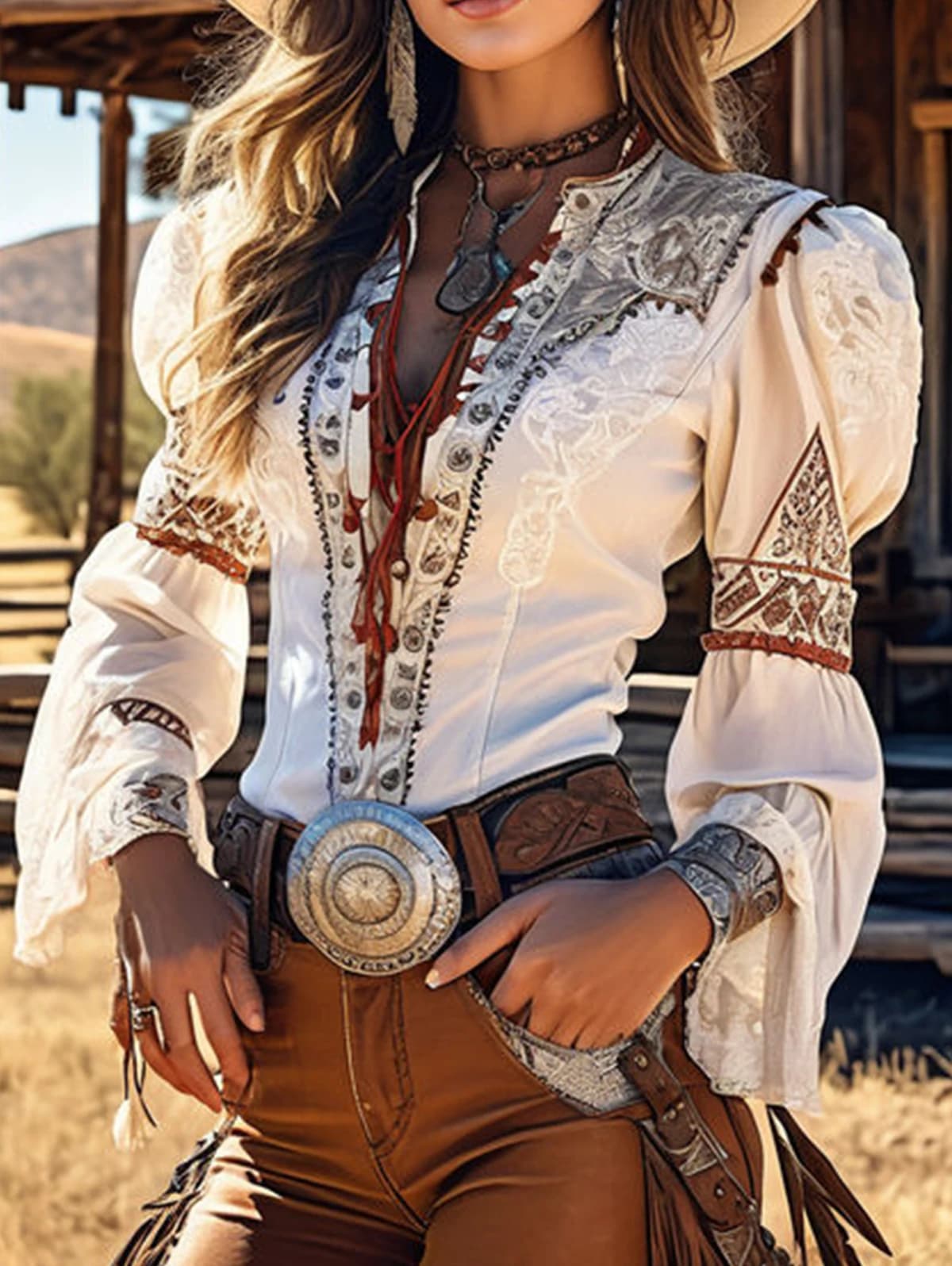 Top da donna eleganti ed chic Camicia con maniche svasate con scollo a V con stampa occidentale Camicetta vintage con design a maniche lunghe patchwork in pizzo