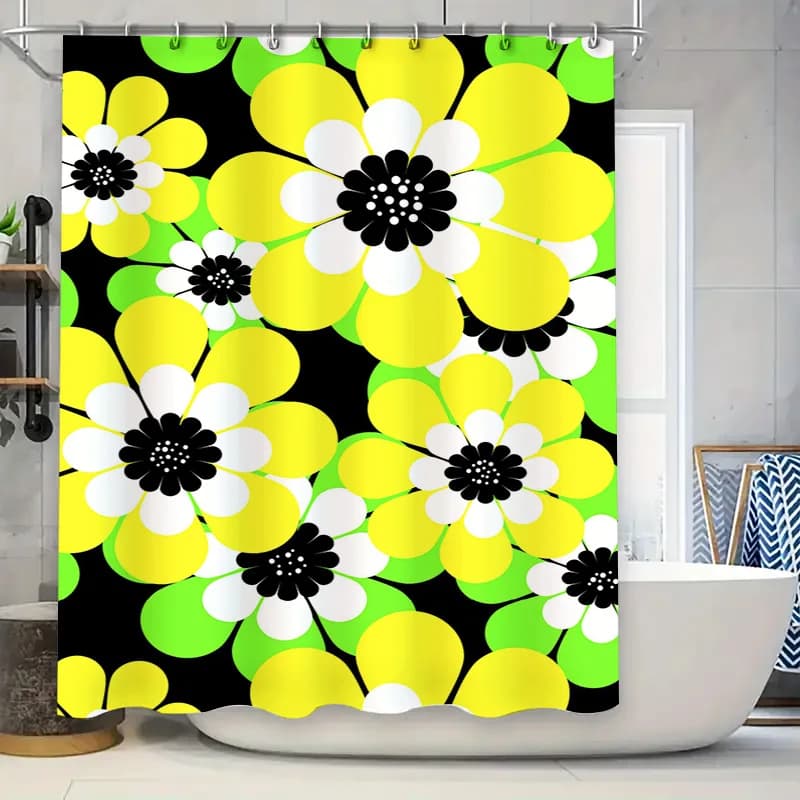 Tenda da doccia floreale giallo brillante bianco nero audace bellissimo arredamento per il bagno per bambini bagni design moderno realizzato con Eco-Fri