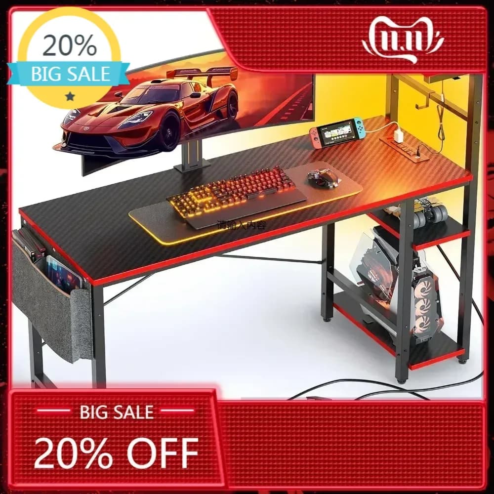 Bestseller Scrivania da Gaming con Prese di Corrente, Scrivania per Gamer da 44 Pollici con LED e 4 Ripiani Reversibili, Tavolo da Gaming per PC con