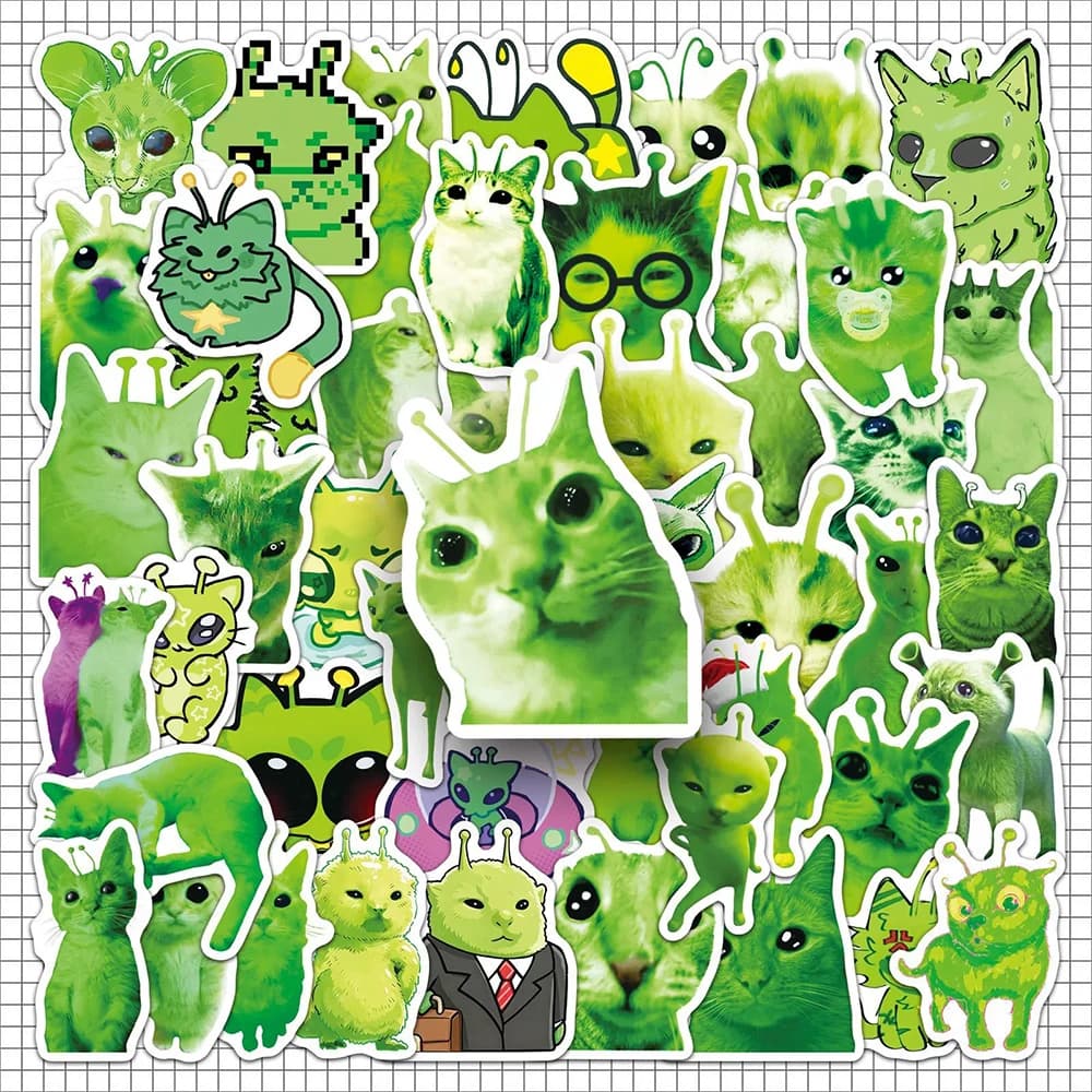 10/30/50PCS Cute Alien Cat Stickers Abstract Meme Funny Cat Animal Green Sticker for Computer Notebook Stationery DIY Toy Secret