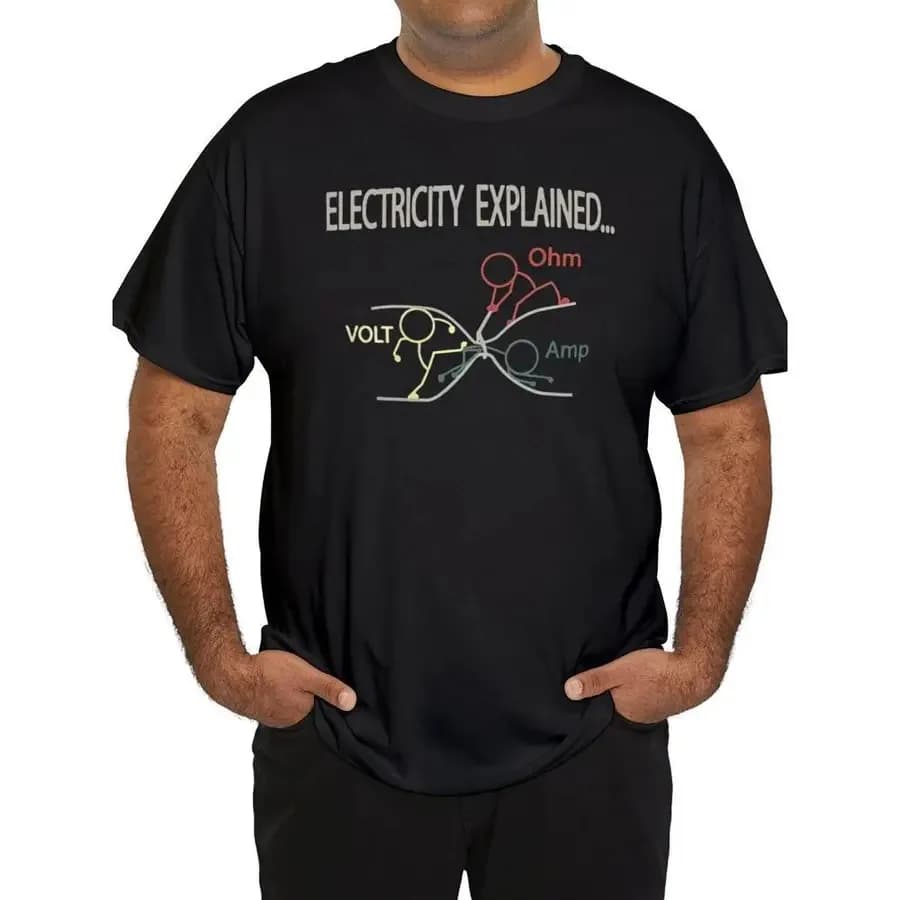 T-shirt da uomo con stampa creativa - Maglietta casual comoda in cotone con scollo rotondo e design divertente a tema elettrico, top a maniche corte di tendenza