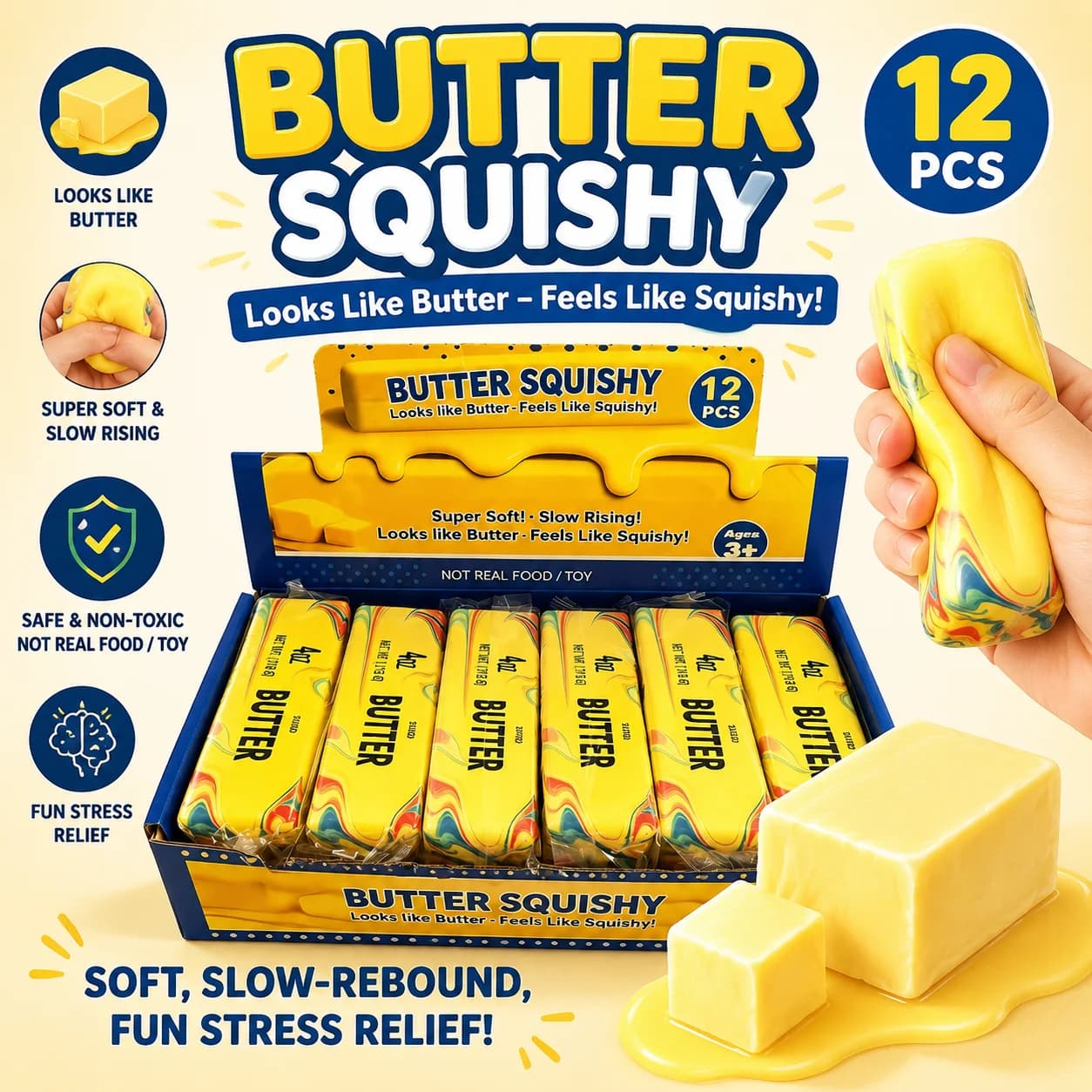 Butter Squishy Toy Slow Rising Stress Relief Squeeze Toy Realistic Butter Texture Soft Sensory Fidget Toy For Kids Adults