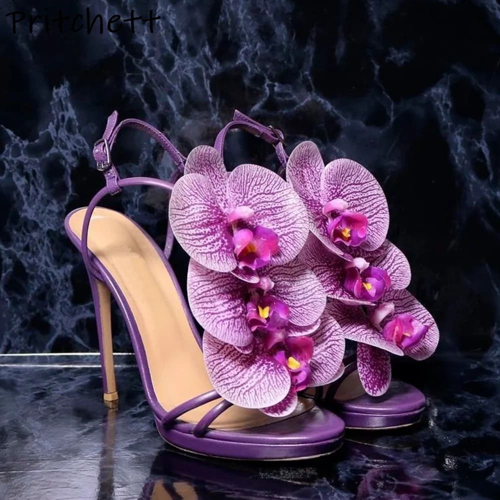 Sandali orchidea bianchi viola Punta tonda Tacchi sottili Cinturino con fibbia sexy Scarpe floreali Sandali estivi eleganti a spillo dolci da donna