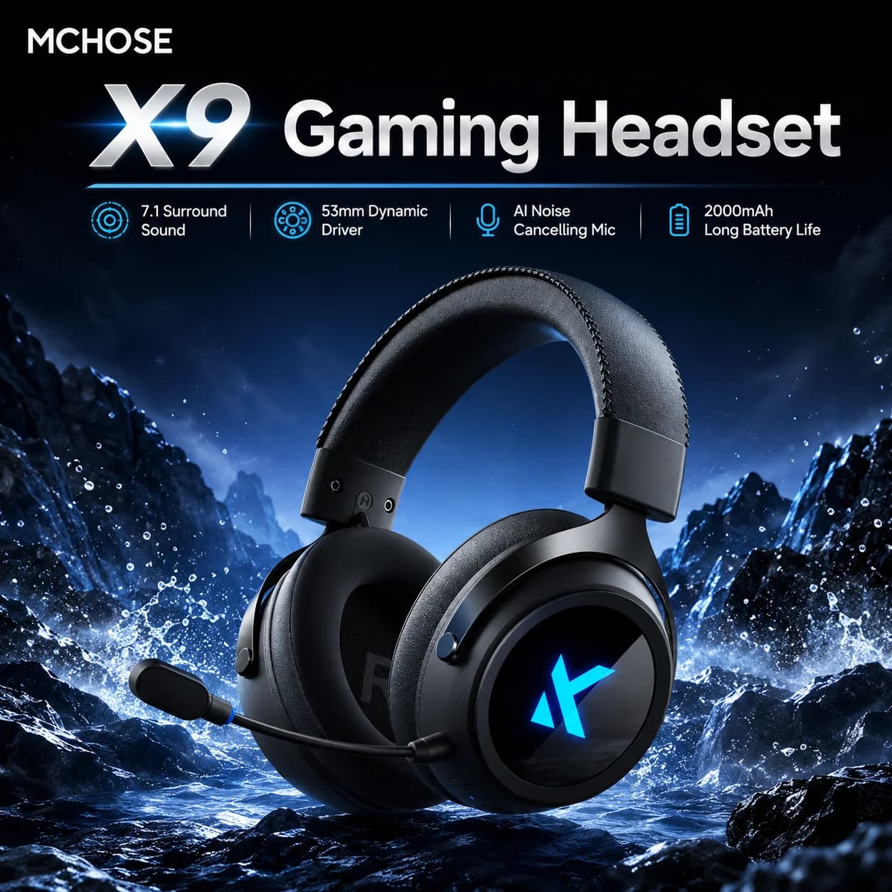 MCHOSE X9 Tri-Mode Wireless Gaming Headset, 7.1 Surround Sound Low Latency ANC Mic Over-Ear Headphones for PC