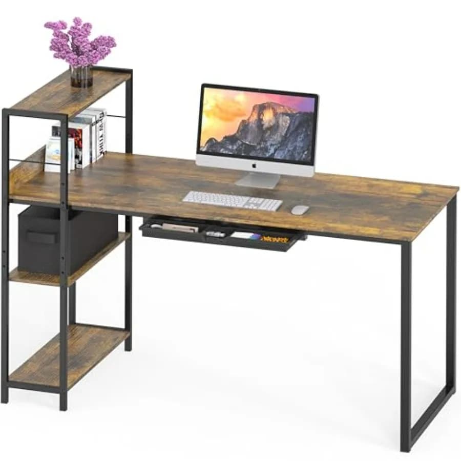 Scrivania per computer da ufficio domestico da 46 pollici con ripiano laterale e cassetto in marrone rustico per spazi di lavoro compatti con contenitori e gestione dei cavi