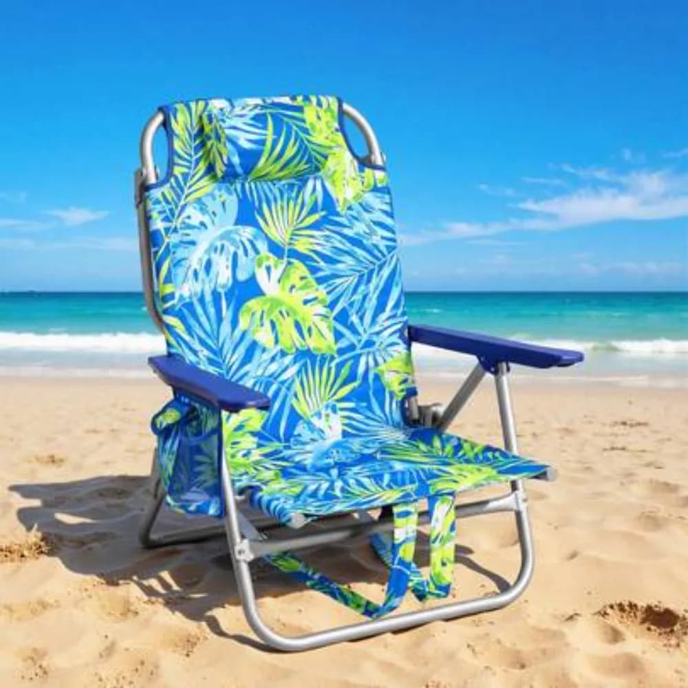 Folding Backpack Beach Chair for Adults with Headrest, Towel Rack, Cup Holder Side Pockets, Heavy Duty 300lbs Capacity, Portable Lightweight Camping Chair for Outdoor Travel, Picnic, Concerts, Hiking, 4 Position Reclining, Steel Frame with Carry Bag