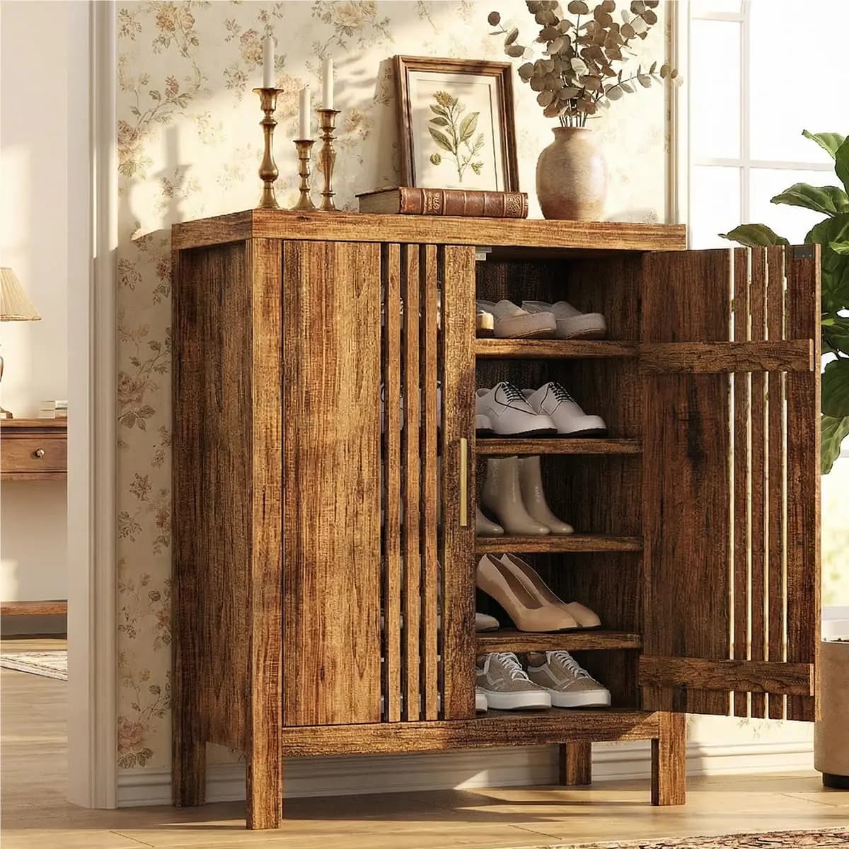5-Tier Shoe Cabinet with Adjustable Shelves & Shutter Doors, Wooden Organizer for Hallway Living Room, Walnut, Customized