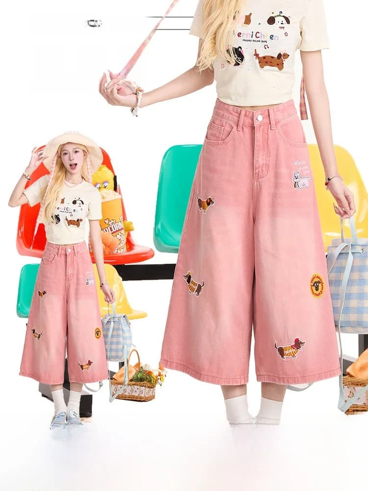 Jeans Corti da Donna Rosa Ricamati con Motivo Bassotto a Vita Alta e Gamba Dritta, Estivi, Resistenti, Casual, alla Moda