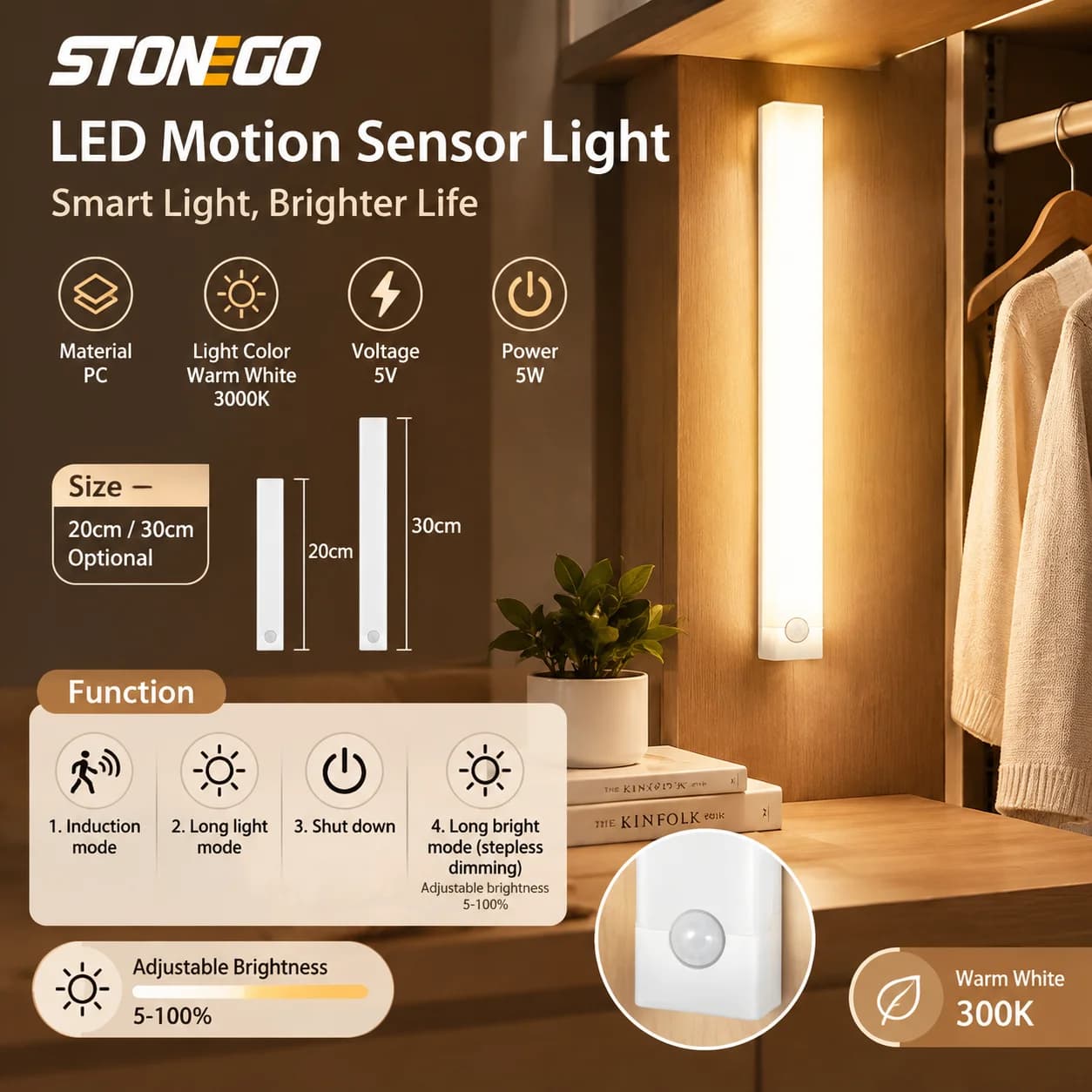 26/40 LED Rechargeable Closet Light with Motion Sensor, Wireless Magnetic Cabinet Night Lamp, USB Dimmable Stick On Under Counter Lighting for Kitchen Wardrobe Cupboard Hallway Corridor Bedroom Staircase Home Indoor Illumination
