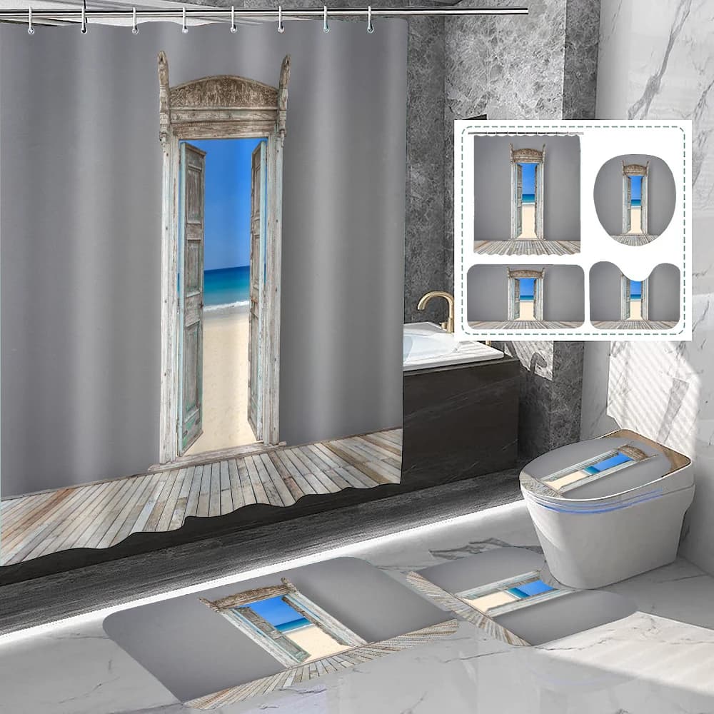 1 set di tende da doccia con stampa da spiaggia per esterni con venature del legno grigio, stile estivo, con 12 ganci e tappetini da bagno