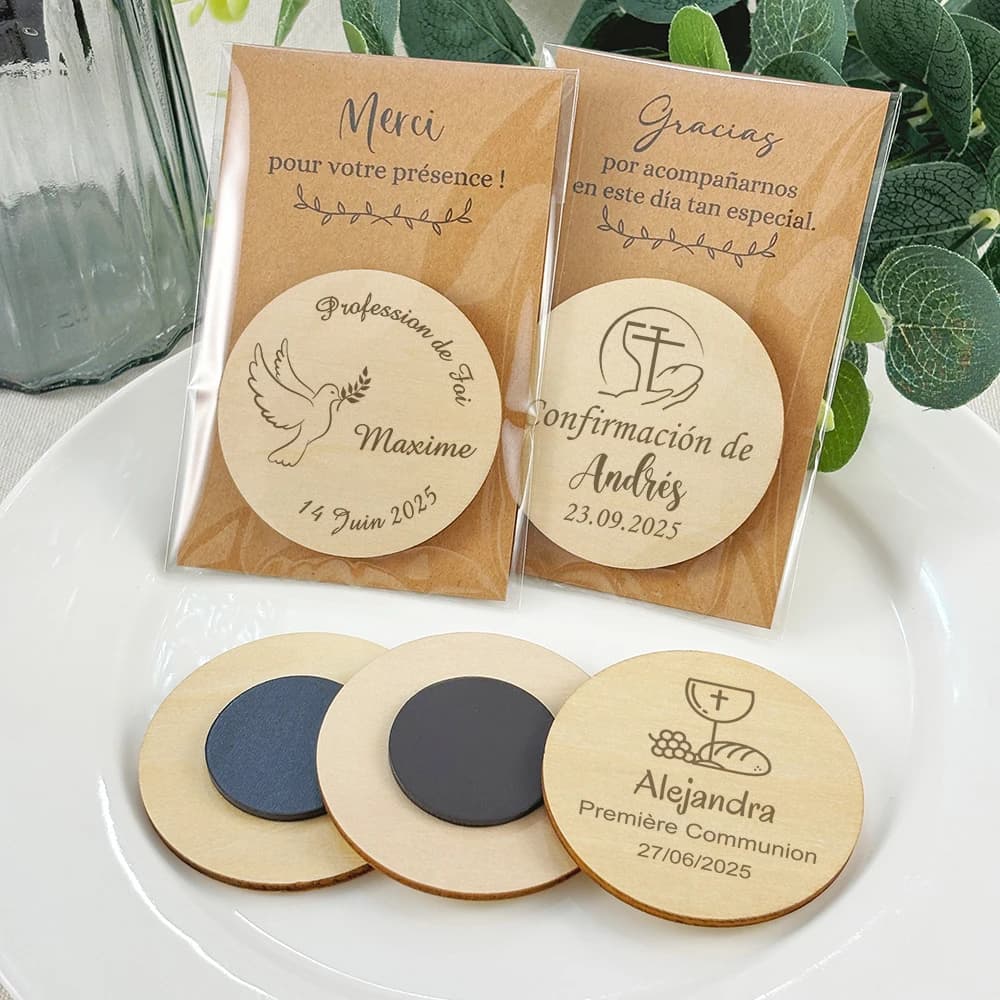 Magneti personalizzati Bomboniere per la comunione Regali per gli ospiti Magnete per frigorifero in legno personalizzato con biglietto di ringraziamento Souvenir per la prima comunione