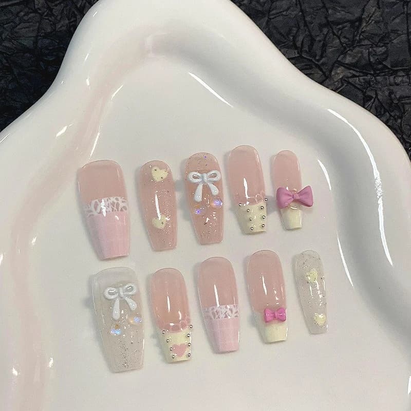 10 pieces glossy French pink handmade print on nails with 3D bow cute medium coffin fake nails wearable ins nail manicure