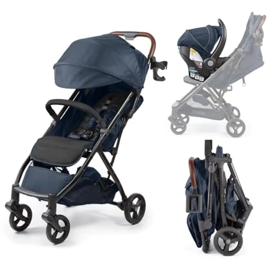 Passeggino compatto pieghevole per il trasporto urbano, telaio in alluminio, nero, leggero con capottina oversize e vano portaoggetti extra-large