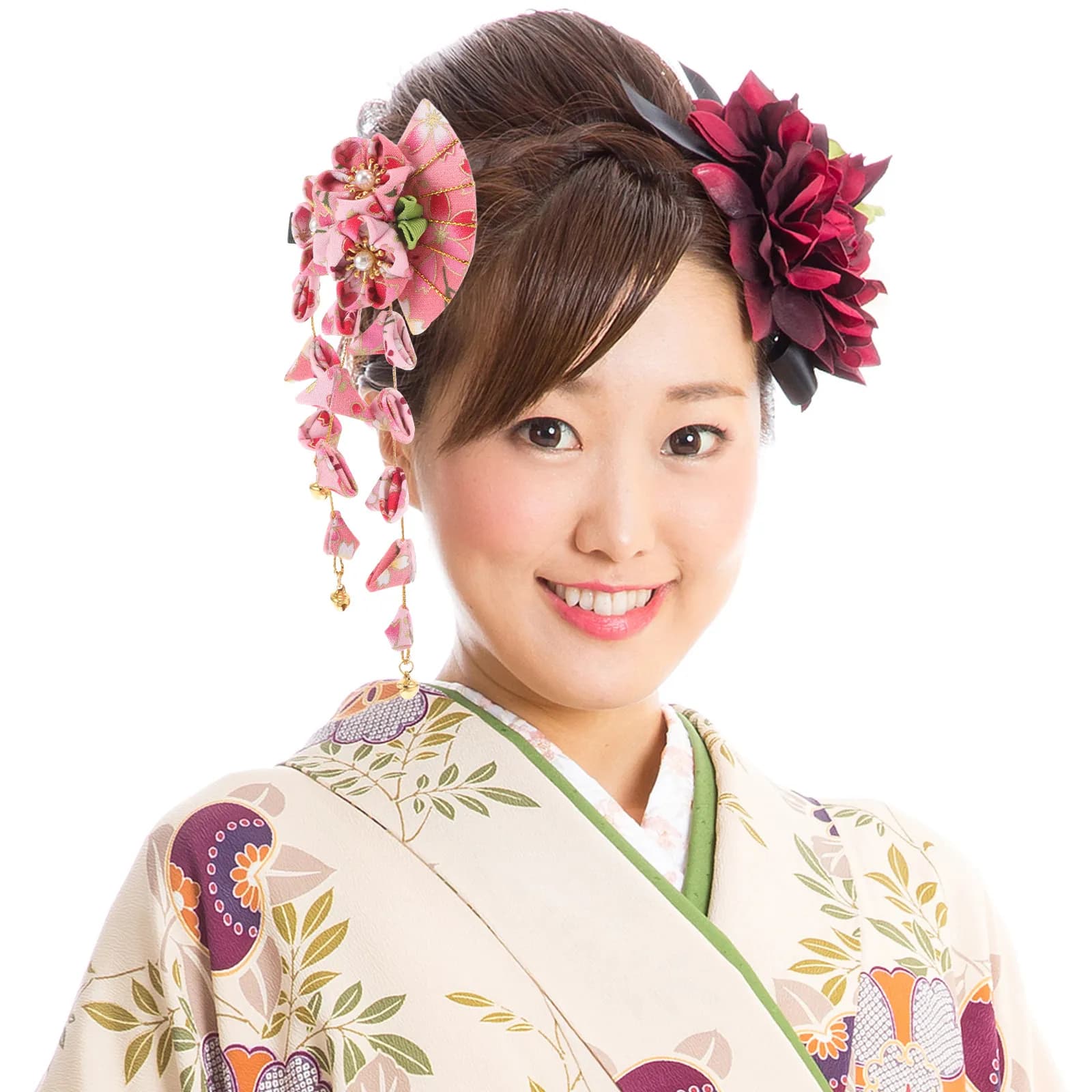 Set of 3 Japanese hair clips, pink hairpins with kimono style tassels, elegant floral hair ornaments, Hanfu accessories for parties and festivals