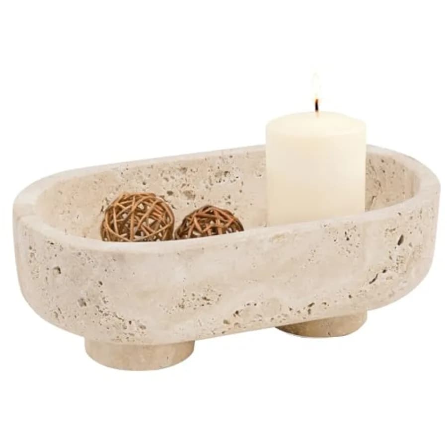 Ciotola decorativa da cucina: ovale in marmo con supporto in travertino, ciotola portachiavi fatta a mano da 10 pollici, portacandele, porta caramelle e frutta