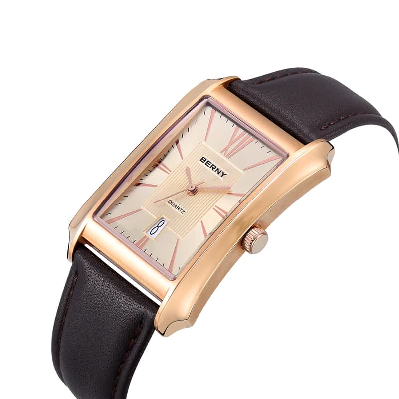 BERNY Men Rectangle Quartz Watch Top Brand Genuine Leather Strap Waterproof 30M Business Fashion Wrist Watch for Men