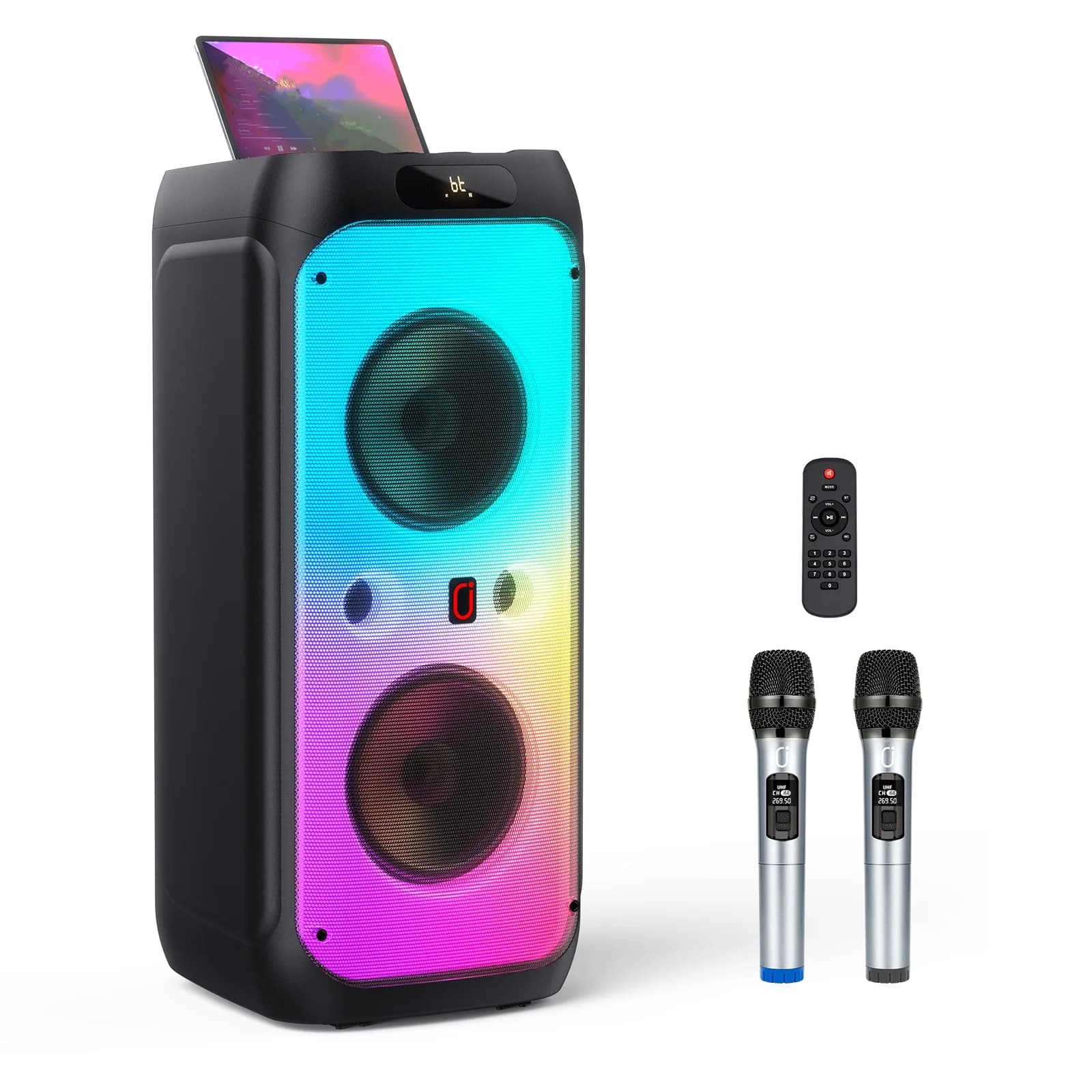 Macchina per Karaoke per Adulti, Grande Altoparlante da Festa con Potenza di Picco di 500W, Sistema PA Wireless con Doppi Subwoofer da 8'', Luci da Discoteca