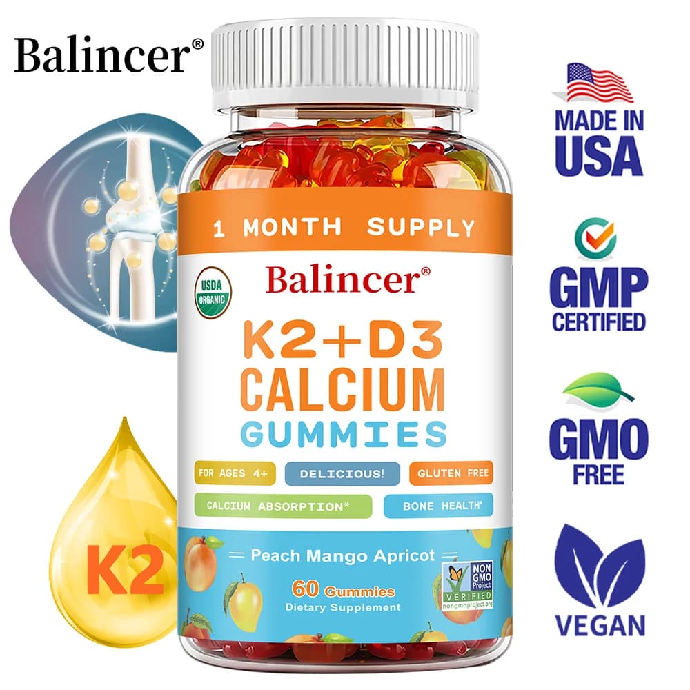 3 in 1 gumellas with vitamins D, K2, and calcium supplements to support bone and heart health and boost immune health