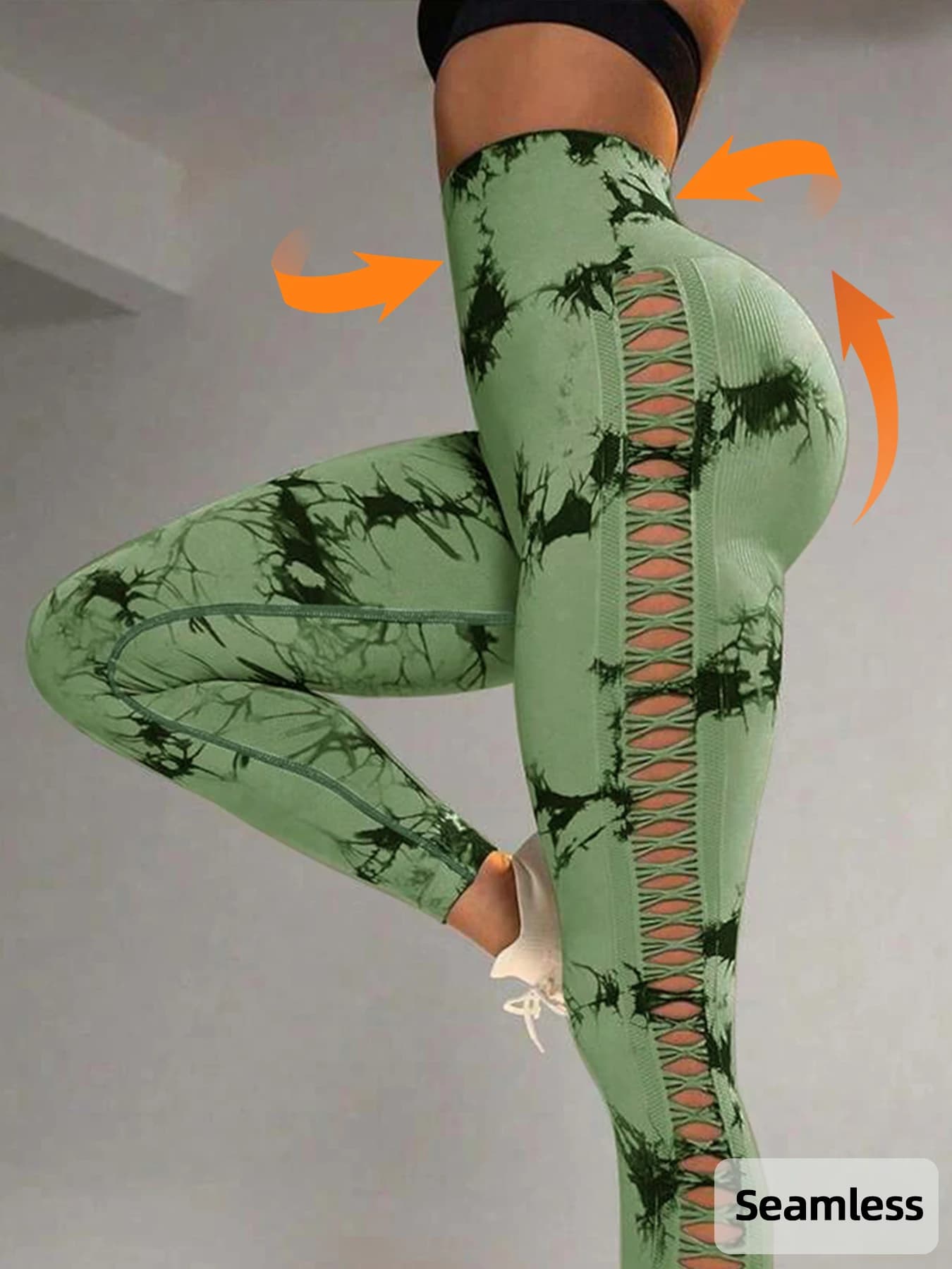 Pantaloni Yoga Sportivi da Donna a Vita Alta, Senza Cuciture, Tie-Dye, con Dettagli Traforati e Effetto Push-Up