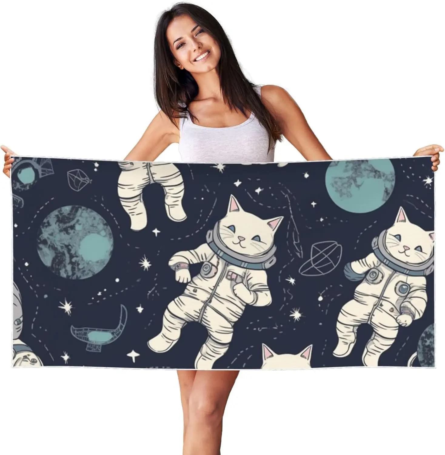 Telo Mare in Microfibra Fun Cat Astronaut, Anti-Sabbia, Asciugatura Rapida, Assorbente, Leggero, Grande per Bagno e Piscina
