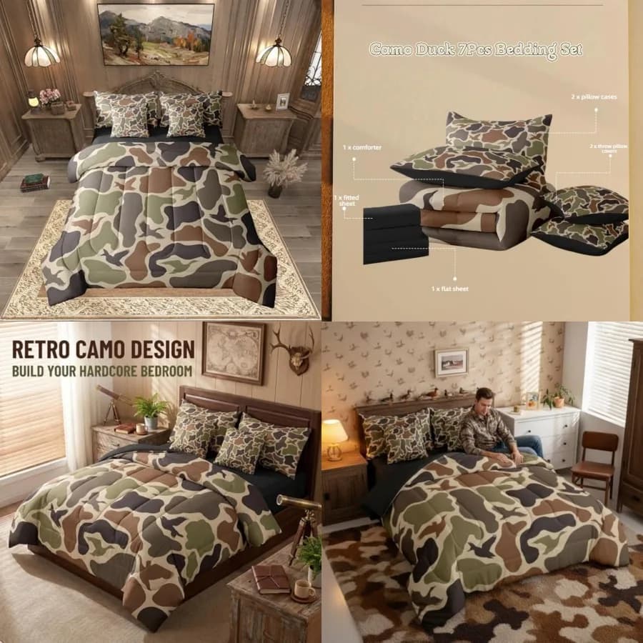 Set Copripiumino 7 Pezzi Duck Hunter, Set Biancheria da Letto Militare per Ragazzi e Uomini, Copripiumino Mimetico per Caccia, Set Lenzuola per Ragazzi